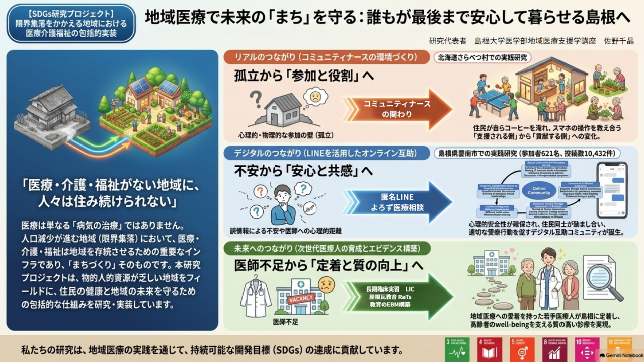 限界集落をかかえる地域における医療介護福祉の包括的実装：医学部　教授　佐野 千晶